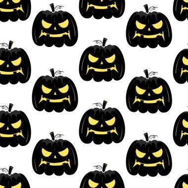 Beyaz bir arka planda cadılar bayramı için sarı parlayan gözleri olan siyah kabak yüzlü kusursuz bir desen..