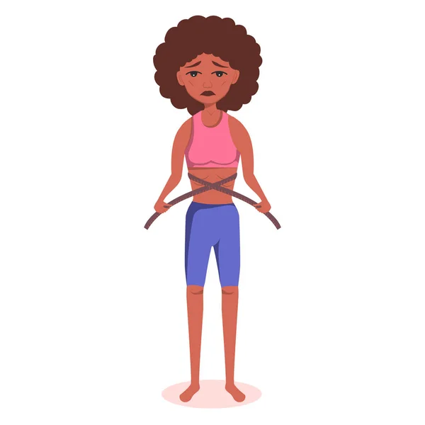 very thin Afro American Black woman with a mental disorder of anarexia and bulimia measures her waist with a centimeter tape, feeling fat, dissatisfied with her weight, wants to lose even more weight.