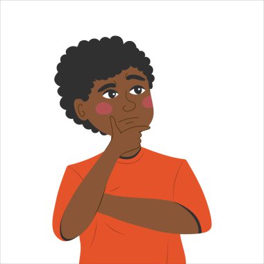 Thinking young black man has a question. Rubs chin, looks up and thinks about a new creative idea.