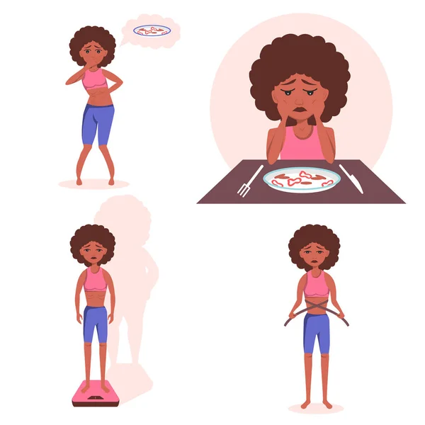 Concept Mental Disorder Food Addiction Afro American Black Girl Anorexia — 스톡 벡터