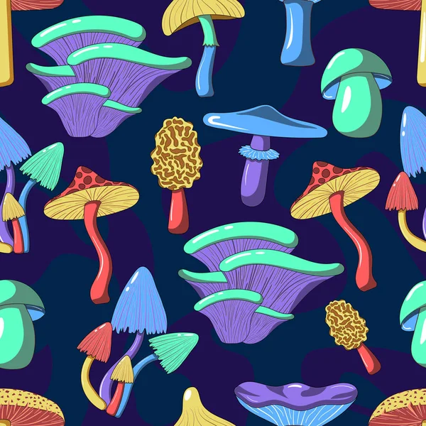 Seamless Pattern Psychedelic Hallucinogenic Colorful Mushrooms 70S Hippie Style Dark — Stok Vektör