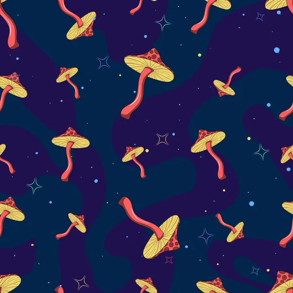 Seamless Pattern Psychedelic Hallucinogenic Colorful Fly Agaric Mushrooms 70S Hippie — Stok Vektör