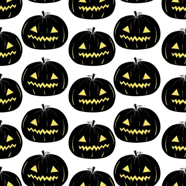 Seamless Pattern Black Silhouette Pumpkin Face Yellow Glowing Eyes Halloween — Stok Vektör