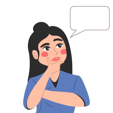 Thinking young woman has a question. Rubs chin, looks up and thinks about a new creative idea with an empty thought bubble nearby.