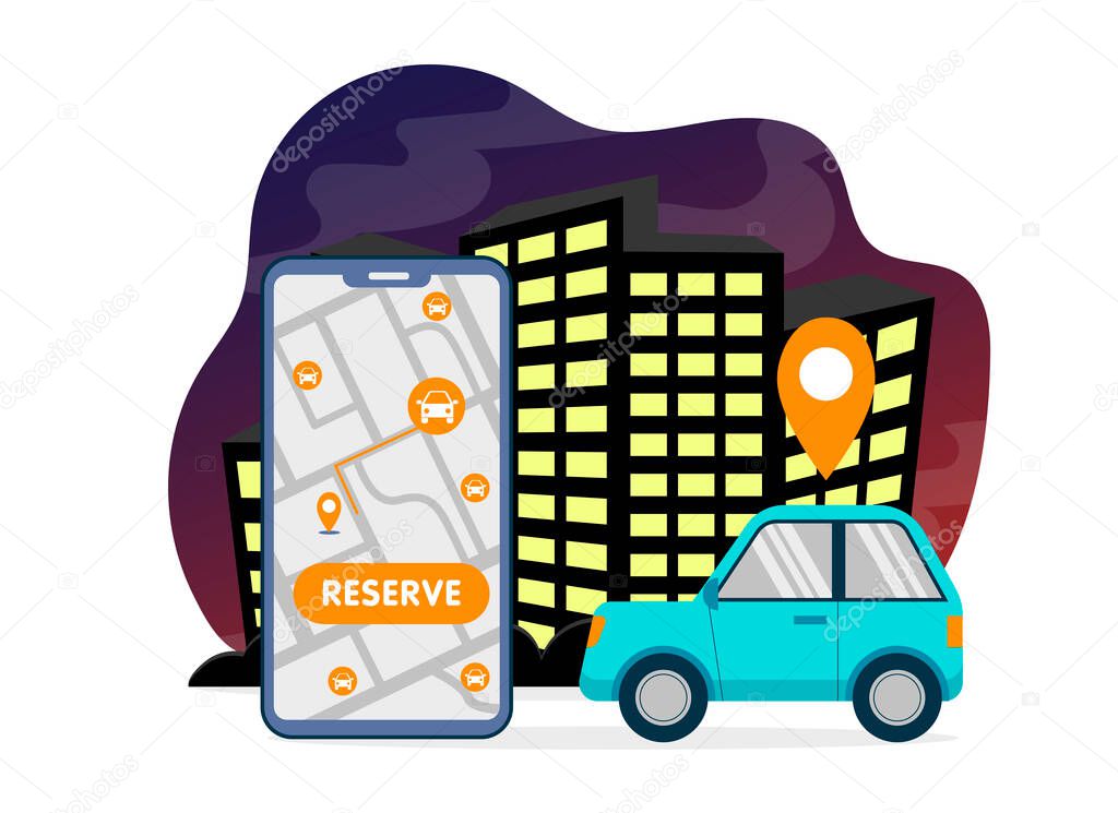 Simple car sharing illustration with big smartphone with free car search and reservation map and pink car in flat style on night city skyscrapers background.