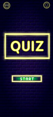 Vector mockup of mobile app game quiz intellectual contest home screen on brick wall background with neon sign and icons.