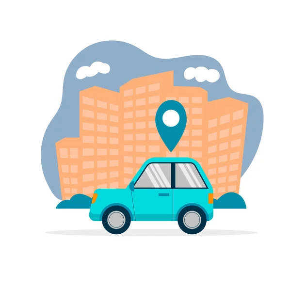 simple two-door blue coupe car side view with a location icon on top drives against the backdrop of city skyscrapers in a bubble isolated on white background flat graphic. Car arrival and tracking illustration