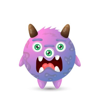 Funny round purple evil cartoon monster with three eyes and an open mouth for children's halloween decorations
