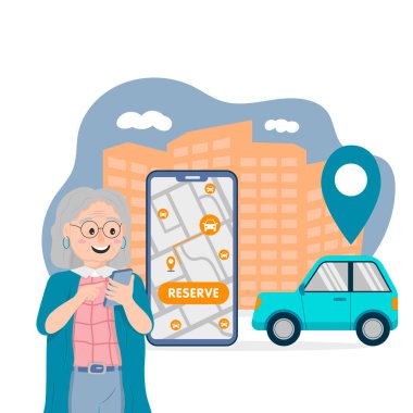 old woman books a car in a car sharing application against the backdrop of city skyscrapers, a large smartphone with a map of the location of free cars.