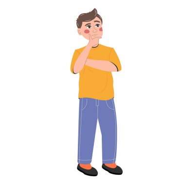 Thinking young man has a question, stands at full height. Rubs chin, looks up and thinks about a new creative idea.