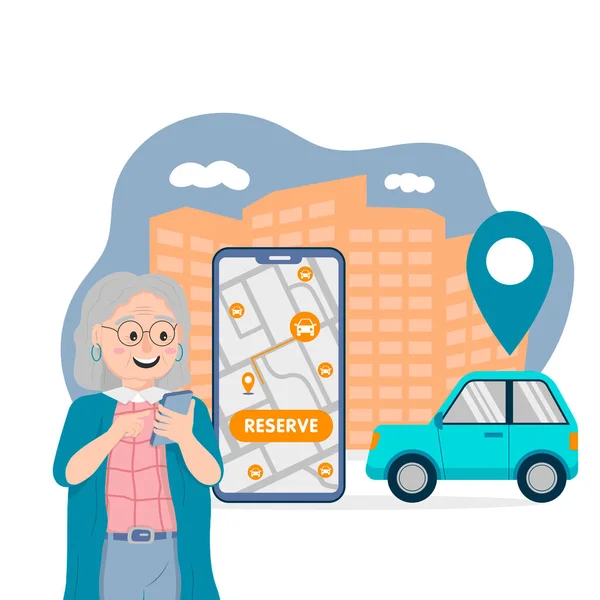 old woman books a car in a car sharing application against the backdrop of city skyscrapers, a large smartphone with a map of the location of free cars.