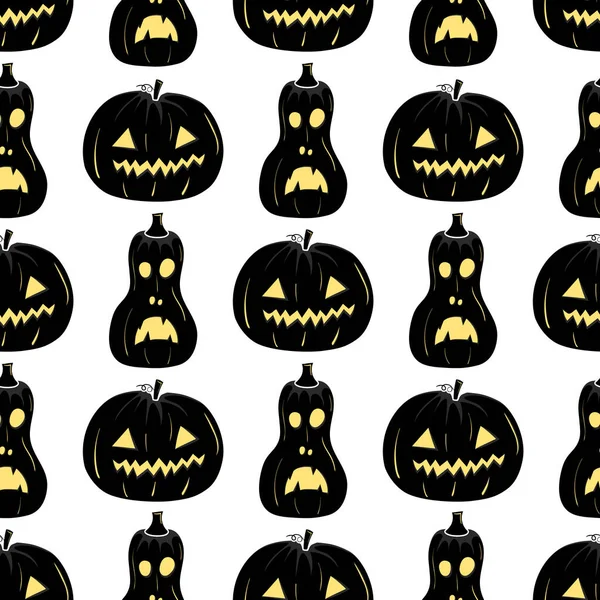 Seamless Pattern Black Silhouette Pumpkin Face Yellow Glowing Eyes Halloween — Image vectorielle