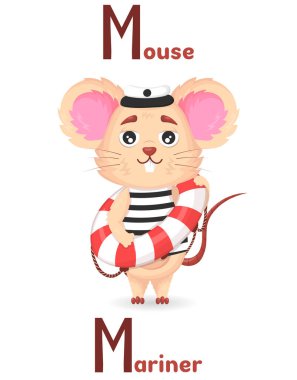 Latin alphabet ABC animal professions starting with letter m mouse mariner in cartoon style.