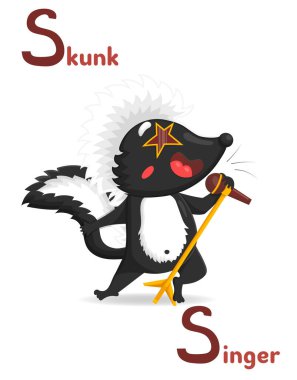 Latin alphabet ABC animal professions starting with letter with s skunk singer in cartoon style.