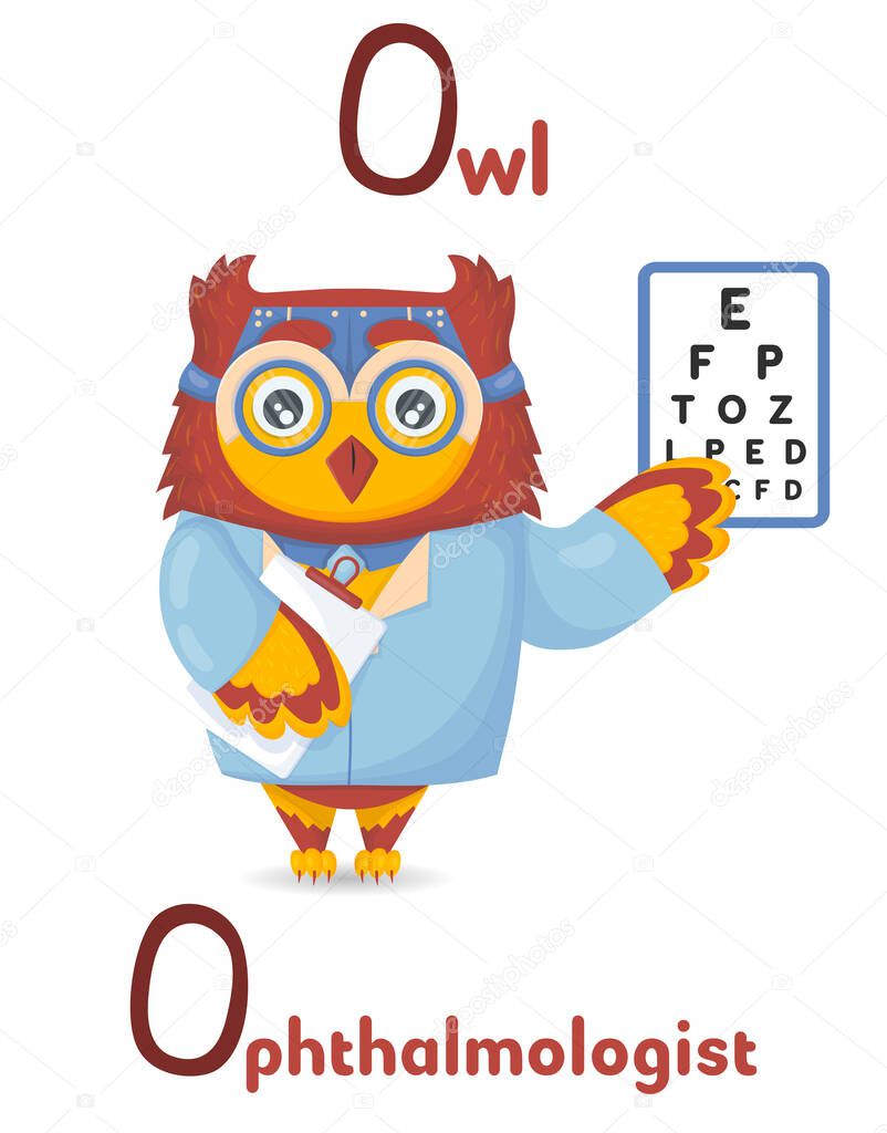 ABC latin alphabet animal professions starting with letter o owl ophthalmologist in cartoon style.