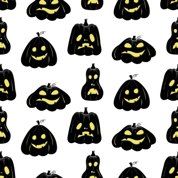 Seamless Pattern Black Silhouette Pumpkin Face Yellow Glowing Eyes Halloween —  Vetores de Stock