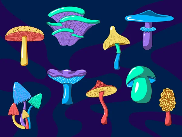 Set Van Psychedelische Hallucinogene Heldere Groovy Hippie Champignons 70S Stijl — Stockvector