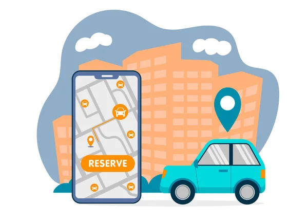 Beleş araba arama ve rezervasyon haritası olan büyük akıllı telefonlu basit bir araba paylaşımı illüstrasyonuName.