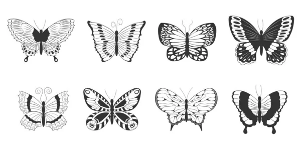 Коллекция Абстрактный Черный Силуэт Милые Бабочки Изолированы Белом Фоне — стоковый вектор