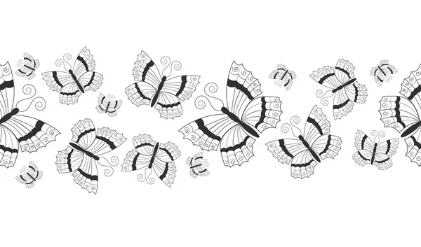 Bezešvé Ohraničení Prapor Abstraktní Černou Siluetou Roztomilých Létajících Motýlů Izolovaných — Stockový vektor