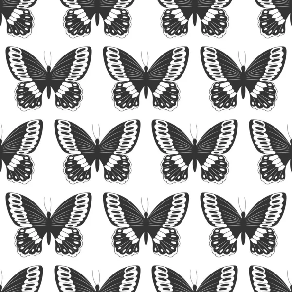 Seamless Pattern Black Silhouettes Butterflies Isolated White Background Simple Monochrome — Image vectorielle