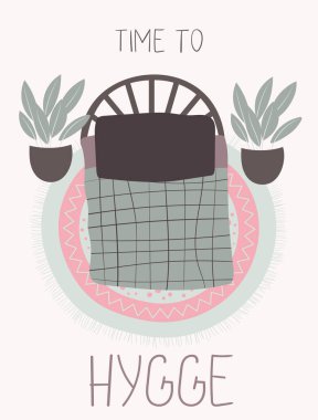 Üst manzara yatak odasının iç kısmı minimalist İskandinav dekoru ve saksı çiçekleriyle dolu. Harflerin birleştirileceği zamanı gösteren bir kartpostal şablonu