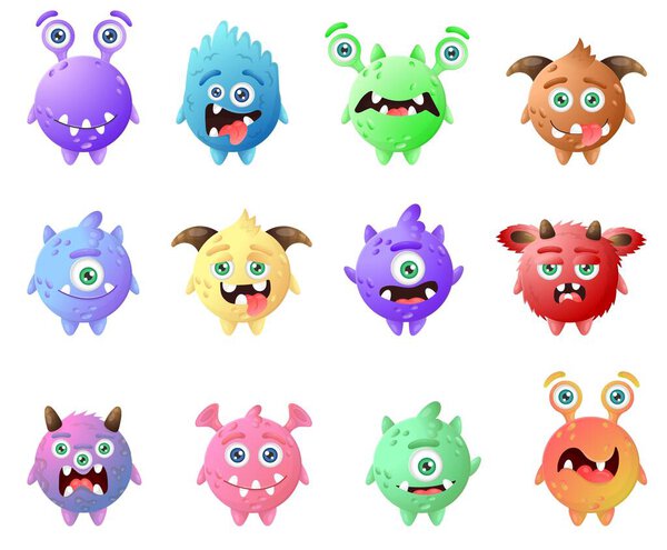 Коллекция красочных круглых смешных монстров. Коричневый, зеленый, розовый, фиолетовый, синий, красный, желтый, мультяшный
