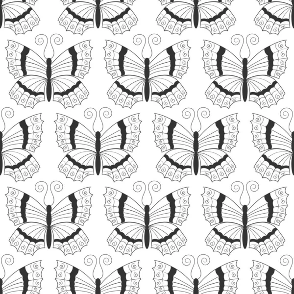 Seamless Pattern Black Silhouettes Butterflies Isolated White Background Simple Monochrome — Stockvektor