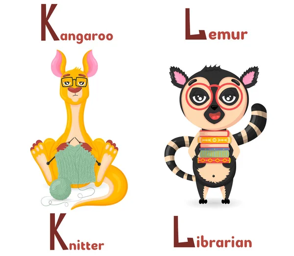 动物专业的拉丁字母Abc 从字母K袋鼠编织器和字母L狐猴图书管理员的卡通风格开始 — 图库矢量图片