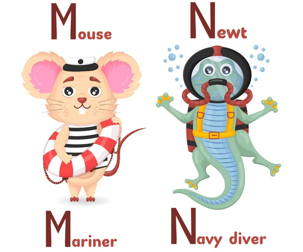 拉丁文字母表Abc动物专业 从字母M开始 鼠标水手和字母N新海军潜水员卡通风格 — 图库矢量图片