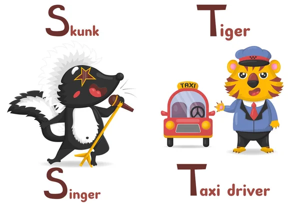 Alphabet Latin Abc Professions Animales Commençant Par Lettre Avec Skunk — Image vectorielle