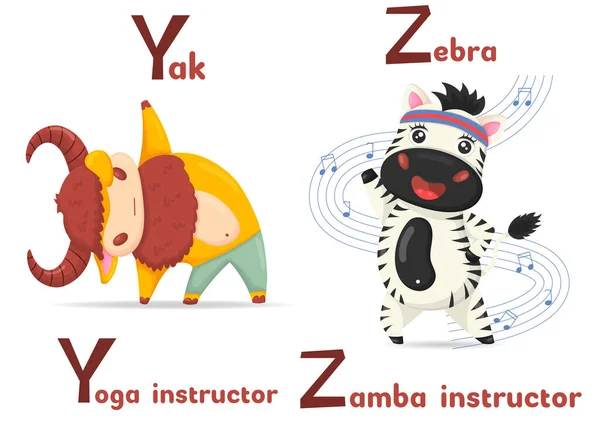 拉丁文字母Abc动物专业 以字母Y Yak为开头 字母Z Zebra Zamba为卡通风格 — 图库矢量图片