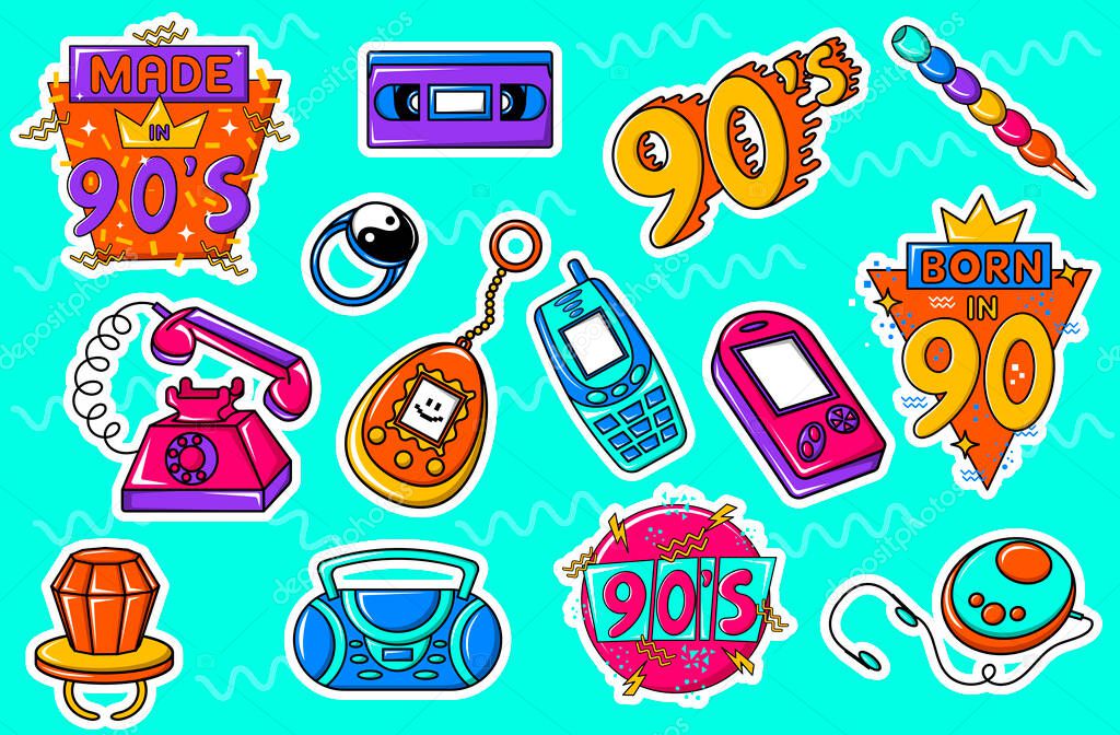 Collection of bright multi-colored stickers, retro badges, patches for designs in the style of the 90s.  set of items from the era of the 90s and 80s.