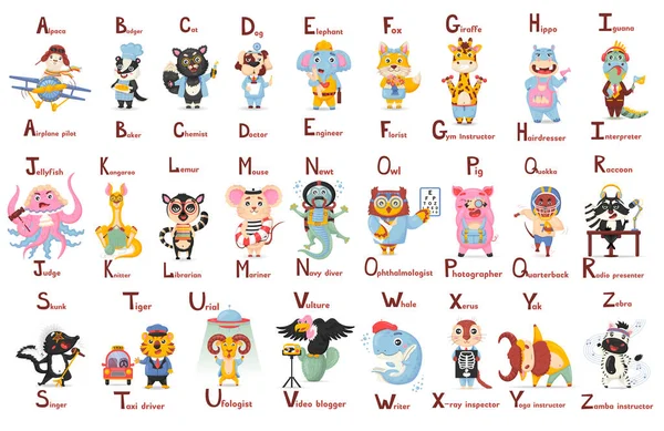 Abc Alphabet Latin Mignonne Professions Animales Lettre Dans Style Dessin — Image vectorielle