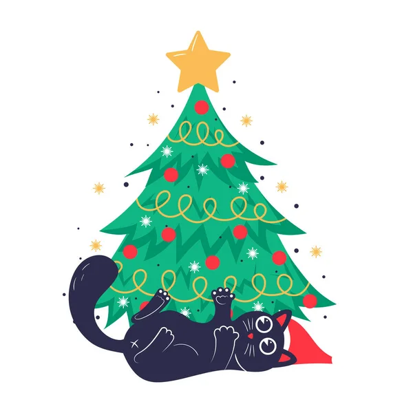 Χριστουγεννιάτικη Κάρτα Πανό Αφίσα Πρότυπο Χριστουγεννιάτικο Δέντρο Και Χαριτωμένο Μαύρη — Διανυσματικό Αρχείο