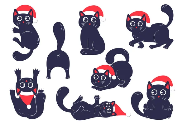Pacote Gatos Negros Kawaii Engraçados Com Chapéu Santa Várias Poses —  Vetores de Stock