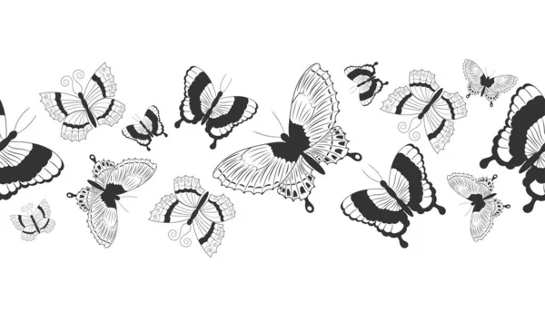Бесшовное Пограничное Знамя Абстрактным Черным Силуэтом Милых Летающих Бабочек Изолированных — стоковый вектор