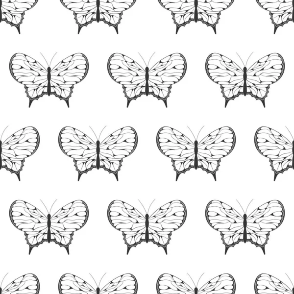 Seamless Pattern Black Silhouettes Butterflies Isolated White Background Simple Monochrome — Archivo Imágenes Vectoriales