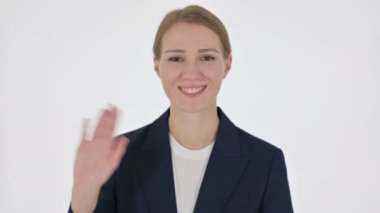 Genç İş Kadını El sallıyor, Beyaz Arkaplanda Hoş Geldiniz 