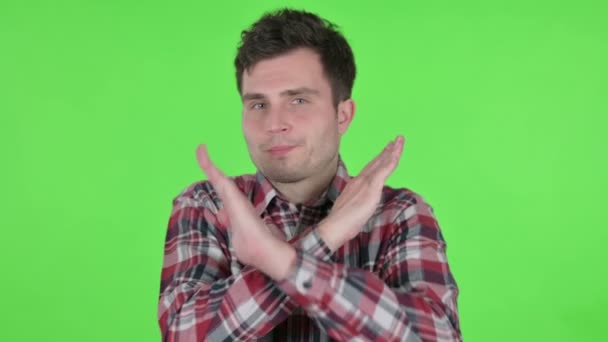 Portrait of Young Man shows no sign by Arm Gesture, Green Chroma Screen — 비디오