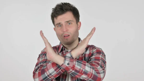 Portrait of Young Man Showing No Sign by Arm Gesture — Stok Foto