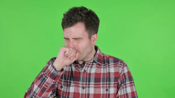 Portrait of Young Man Coughing, Green Chroma Screen — 스톡 사진