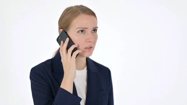 Aggressive Young Businesswoman Angry on Smartphone on White Background — Stock Photo, Image