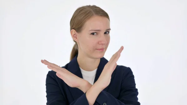 Giovane donna d'affari che non mostra alcun segno di gesti braccio su sfondo bianco — Foto Stock