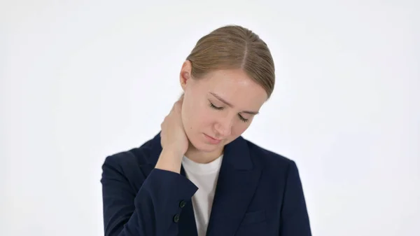 Young Businesswoman having Neck Pain on White Background — Stock Photo, Image