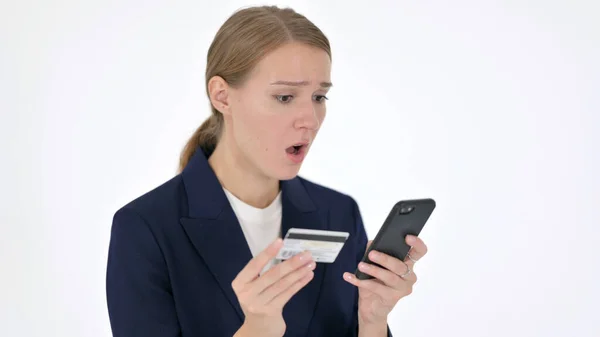 Falha compras on-line em Smartphone por empresária em fundo branco — Fotografia de Stock