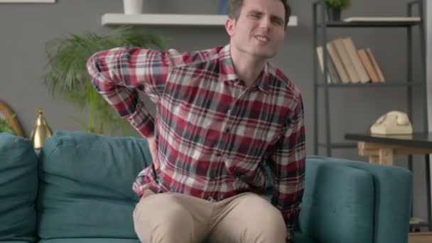 Hombre con dolor de espalda en el sofá — Vídeos de Stock