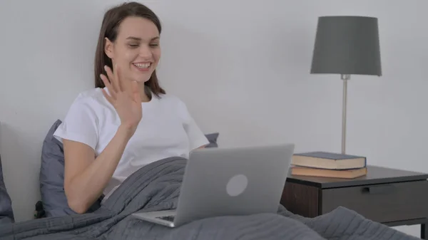 Video Call on Laptop in Bed by Woman — Photo