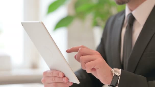 Close up of Hands of Middle Aged Businessman Celebrating Success on Tablet — Stock videók