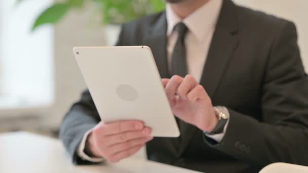 Close up of Hands of Middle Aged Businessman Celebrating Success on Tablet — Stockvideo